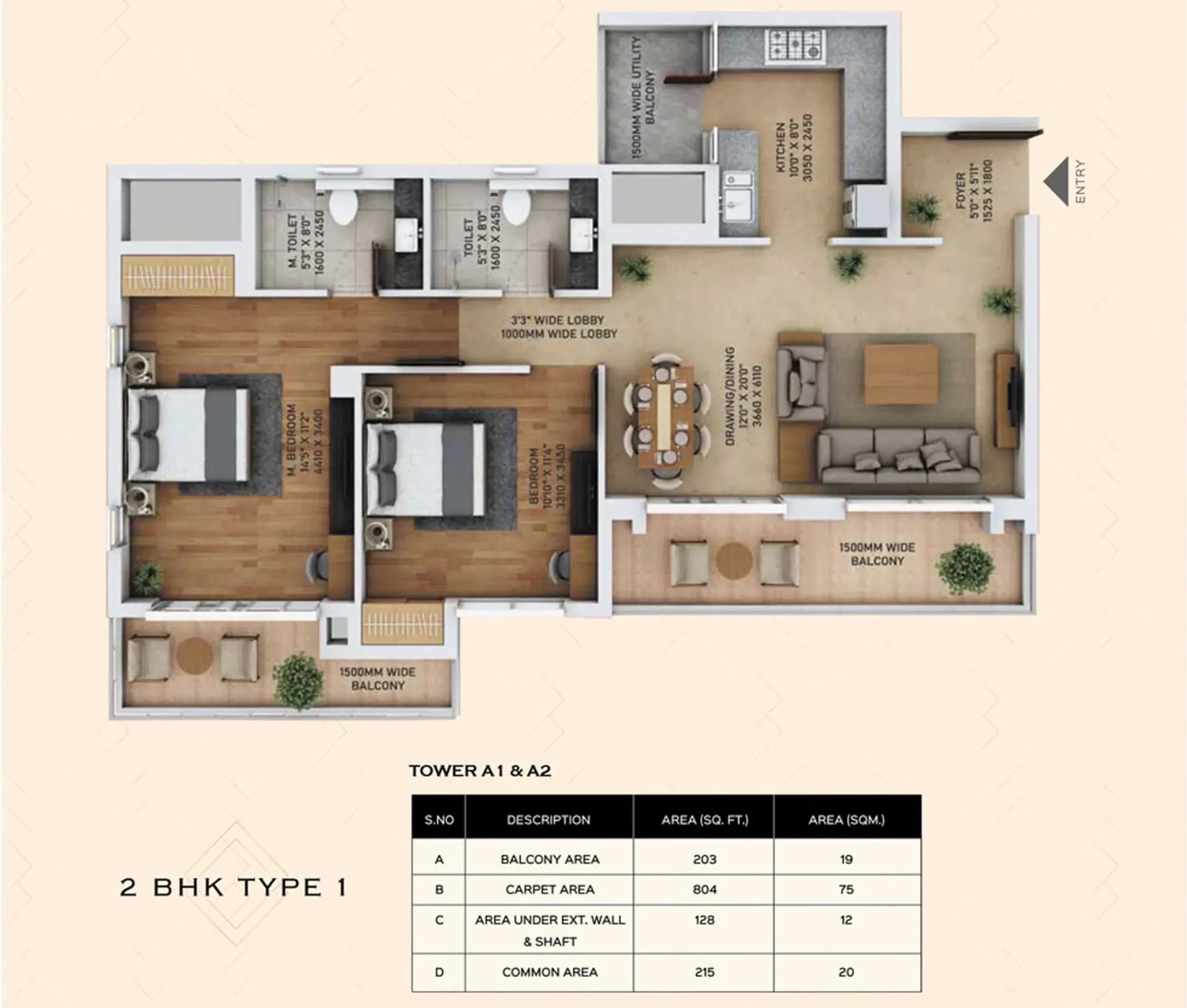 3 BHK + 3t (1800 - 1900 sqft.)